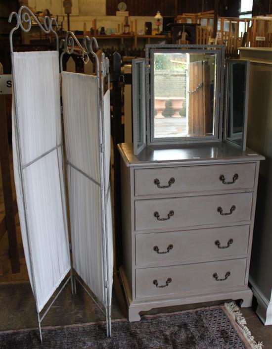 Painted chest of drawers, dressing mirror and screen